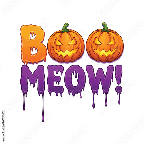 Spooky halloween boo meow with pumpkins and dripping letters