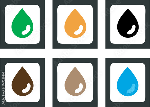 Set of colorful liquid drop icons in white bordered squares against a dark backdrop