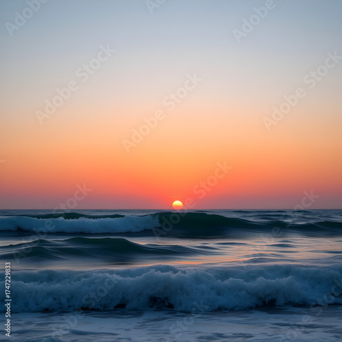 Serene Ocean Sunset with Gentle Waves and Clear Sky
