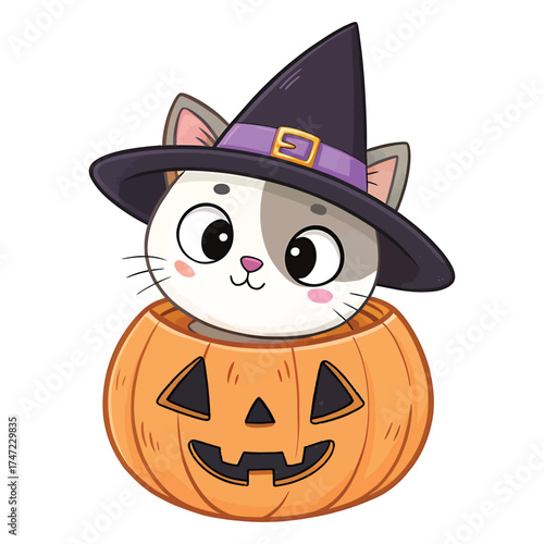 Cute halloween cat in a jack o lantern wearing a witch hat