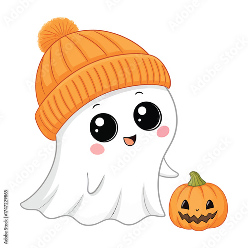 Cute kawaii ghost and jack o lantern halloween illustration