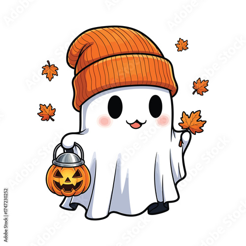 Cute kawaii ghost wearing orange beanie holding a jackolantern