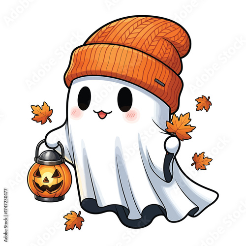 Cute kawaii ghost wearing orange beanie holding a jackolantern