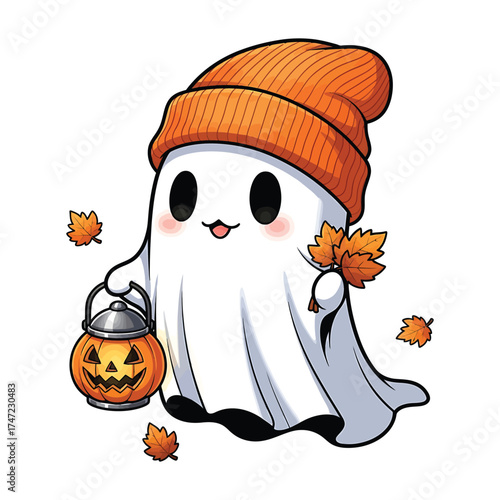 Cute kawaii ghost wearing orange beanie holding a jackolantern