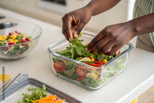 African American man prepares a salad in a glass takeaway container. Concept Healthy eating