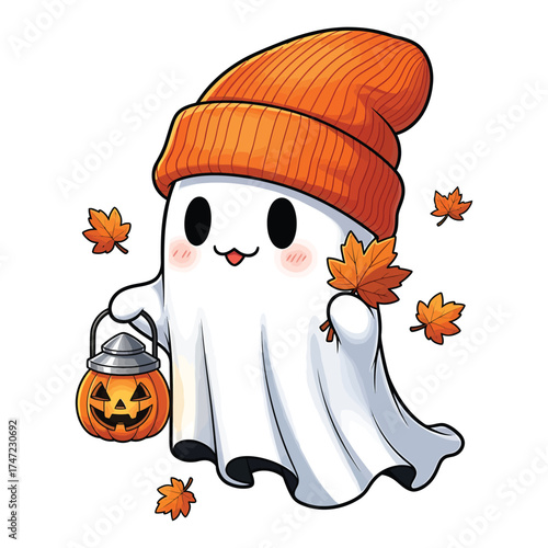 Cute kawaii ghost wearing orange beanie holding a jackolantern