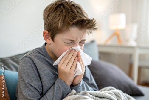 School-aged boy blows his nose into a handkerchief