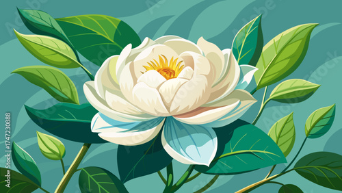 Very beautiful white flower blooming with unopened buds on a green leafy branch, vector-style illustration emphasizing delicate petals, natural textures, and serene botanical elegance.