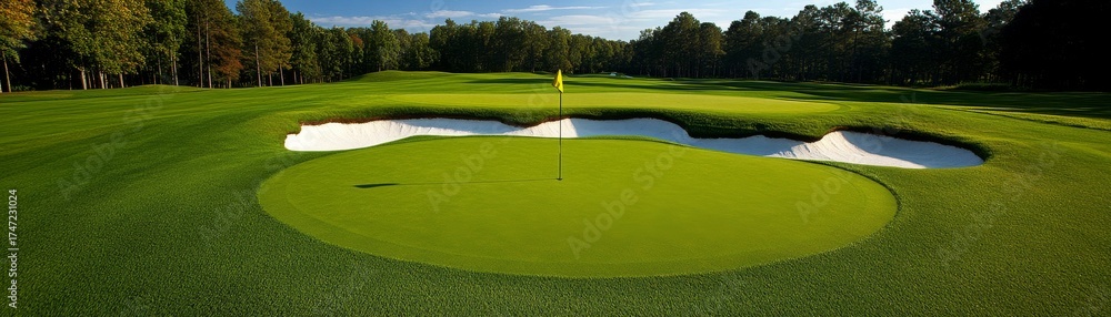 Obraz premium Golf Green with Yellow Flag and Sand Traps, Golf , Course