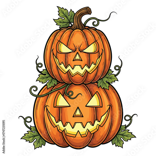 Spooky stacked jack o lanterns with green leaves for halloween
