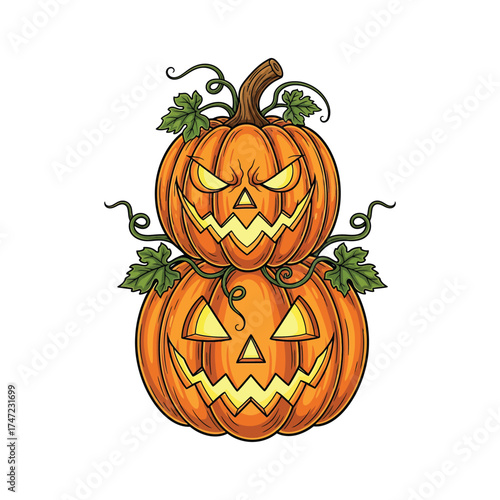 Spooky stacked jack o lanterns with green leaves for halloween