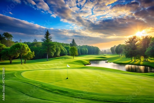 Lush green golf course with a pond and dramatic sunset sky