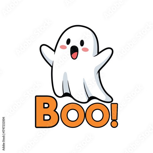 Cute cartoon ghost saying boo with orange text