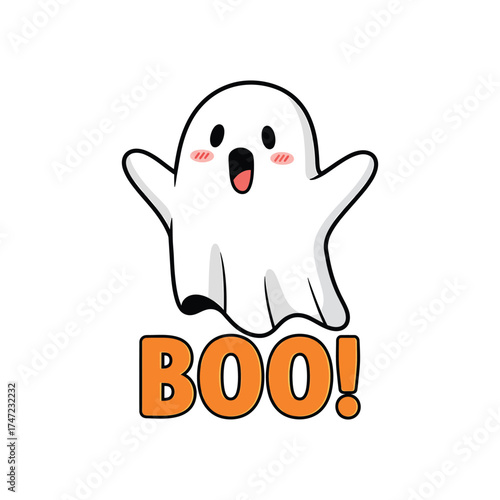 Cute cartoon ghost saying boo with orange text