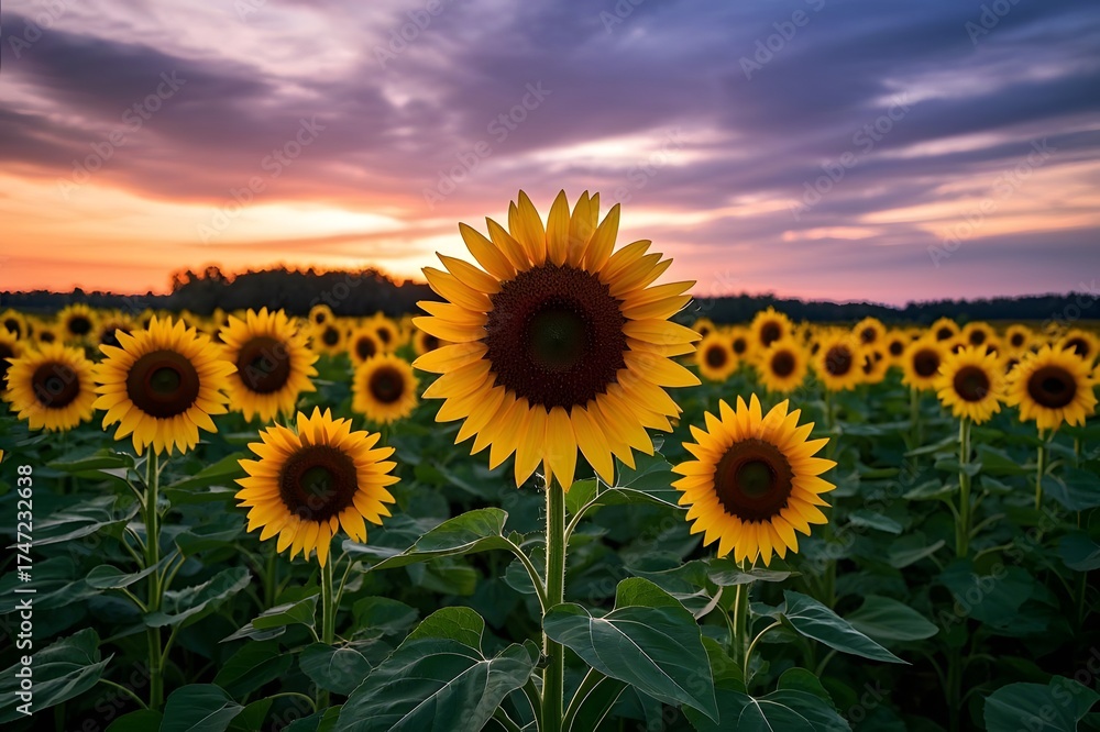 Fototapeta premium Sunflower field is blooming at sunset with cloudy sky