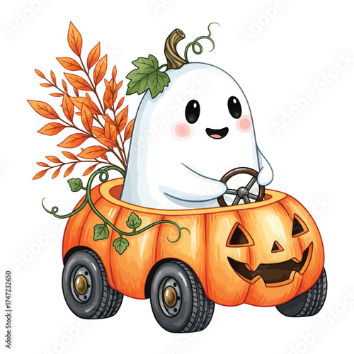 Cute ghost driving a jack o lantern car with halloween decorations