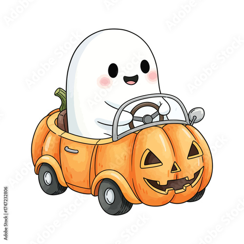 Cute ghost driving a jack o lantern car with halloween decorations