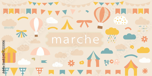 Whimsical circus and festival elements with hot air balloons and bunting flags