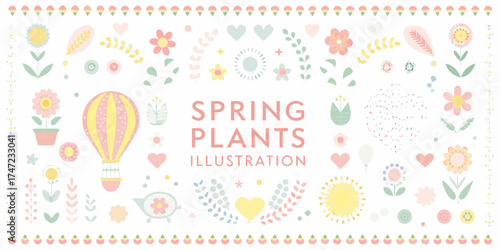 Whimsical spring plants illustration with hot air balloon and hearts in pastel colors