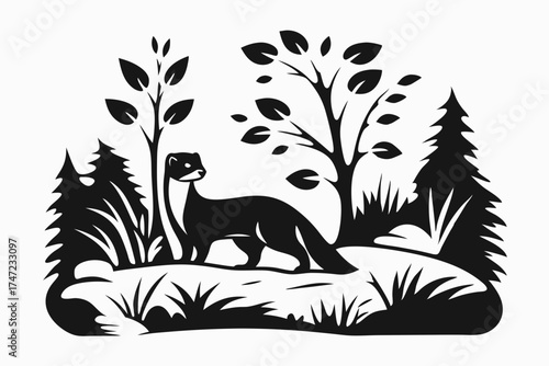 Black silhouette of a weasel among trees and foliage in nature  