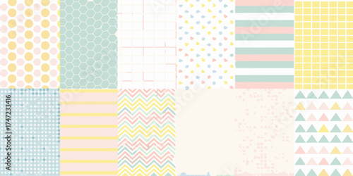 A colorful patchwork of soft pastel geometric patterns and textures