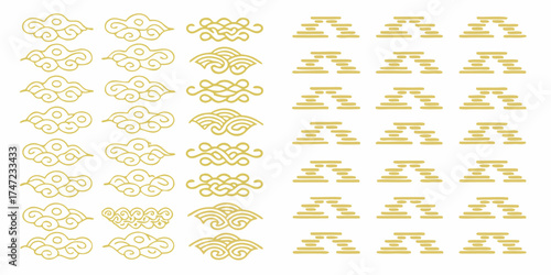 Collection of golden traditional asian cloud and wave decorative elements on a white background