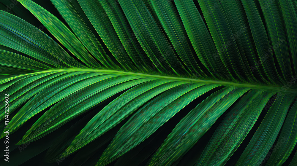 Obraz premium Detailed close up of a vibrant green palm leaf shows intricate patterns and textures, revealing the beauty of nature in a captivating tropical scene.