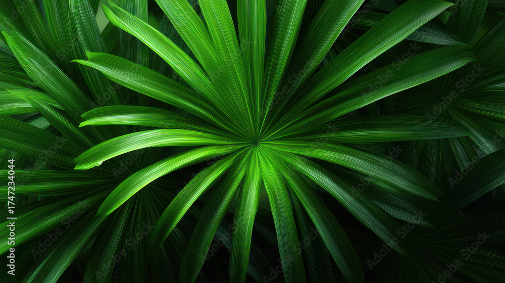 Fototapeta premium A lush green fan palm leaf unfurls its vibrant fronds creating a symmetrical botanical pattern in a tropical garden offe a refreshing natural backdrop scene.
