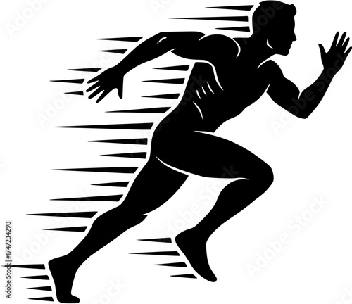 Dynamic black silhouette of a sprinting man with speed lines, a vector icon representing fast athletic movement