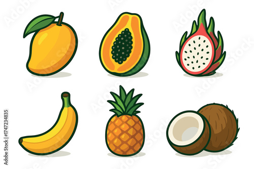Tropical fruits cartoon vector icon set. Simple collection of fresh mango, papaya, pineapple, and banana.