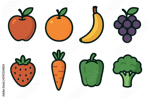 Fruits and vegetables vector icon set. Simple cartoon collection of healthy food for a balanced diet.