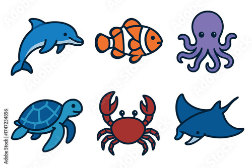 Cute sea animals cartoon vector illustration set. Adorable collection of ocean creatures like dolphin, octopus, and turtle.