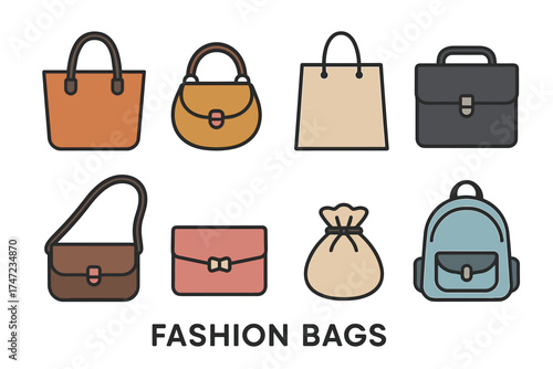 Fashion bags and purses vector icon set. Collection of various stylish handbag, backpack, and tote bag symbols.