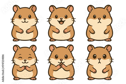 Cute hamster characters cartoon vector illustration set. Collection of adorable rodent mascots with different emotions.