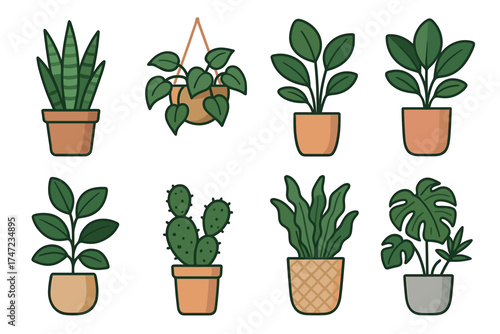 Houseplants in pots vector icon set. Cute collection of indoor plants for home decoration.