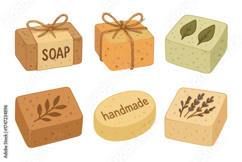 Handmade soap bars rustic vector illustration set. Hand drawn collection of natural and organic artisanal soaps.