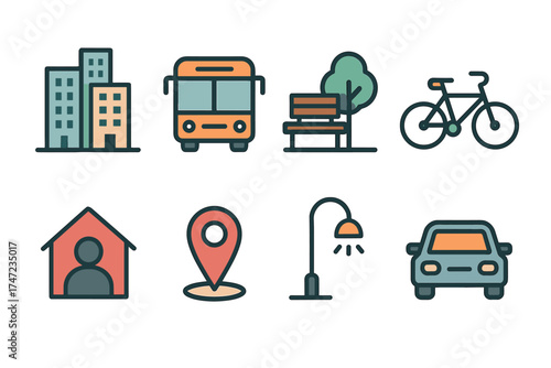 City life and urban elements vector icon set. Collection of transportation, building, and park symbols.