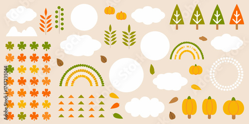 Collection of autumnal elements including pumpkins leaves trees clouds and rainbows on a light background