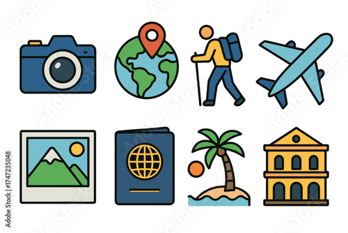 Travel and adventure vector icon set. Collection of symbols for vacation, hiking, and global tourism.