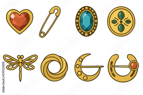 Vintage brooches and pins vector icon set. Collection of golden jewelry and fashion accessories.