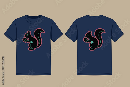 Dark blue t shirt with black squirrel holding nut design