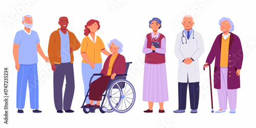 Diverse group of elderly people and healthcare professionals standing together in a supportive community