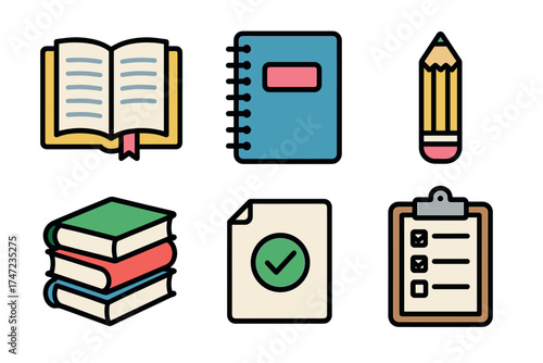 Study and education supplies vector icon set. Collection of symbols for school, note taking, and learning.