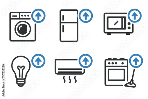 Appliance upgrade and energy cost increase line icon set. Vector symbols for household electronics price changes.