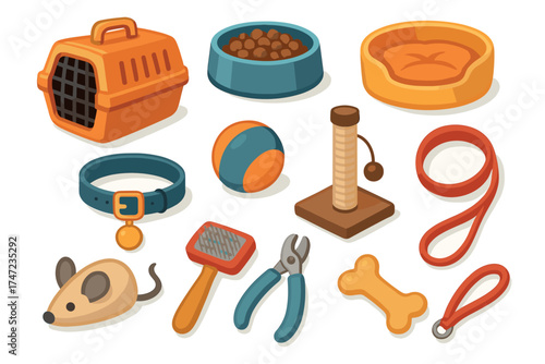 Pet care supplies and accessories vector illustration set. Realistic collection of items for cats and dogs.