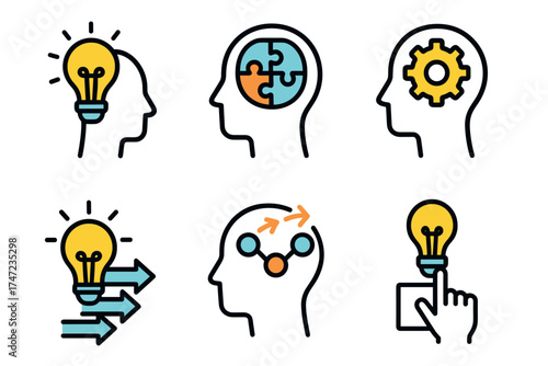 Ideation and problem solving vector icon set. Line art symbols for creativity, brainstorming, and innovation.