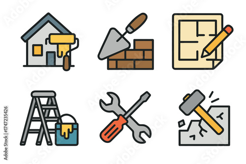 Home renovation and construction vector icon set. Symbols for building, repair, and DIY improvement projects.