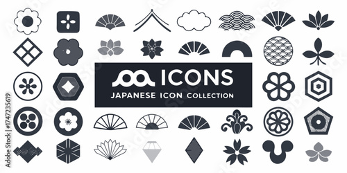 Collection of japanese style icons featuring flowers fans clouds waves and geometric shapes