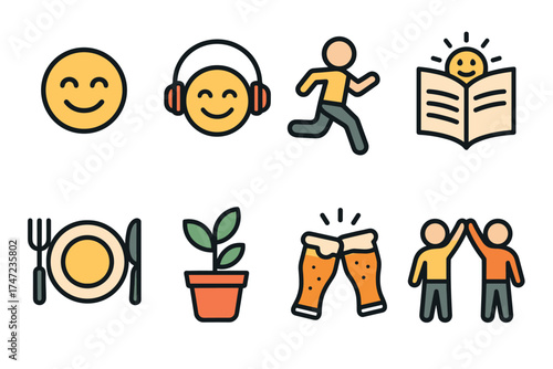 Happiness and hobbies vector icon set. Colorful collection of positive activities for well-being and leisure.