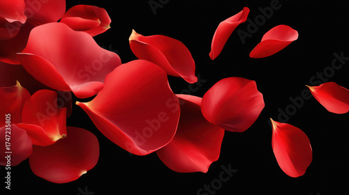 Fototapeta Naklejka Na Ścianę i Meble -  Gently floating red rose petals create a beautiful and romantic swirling pattern against a stark black background with soft shadows and stunning detail and color.